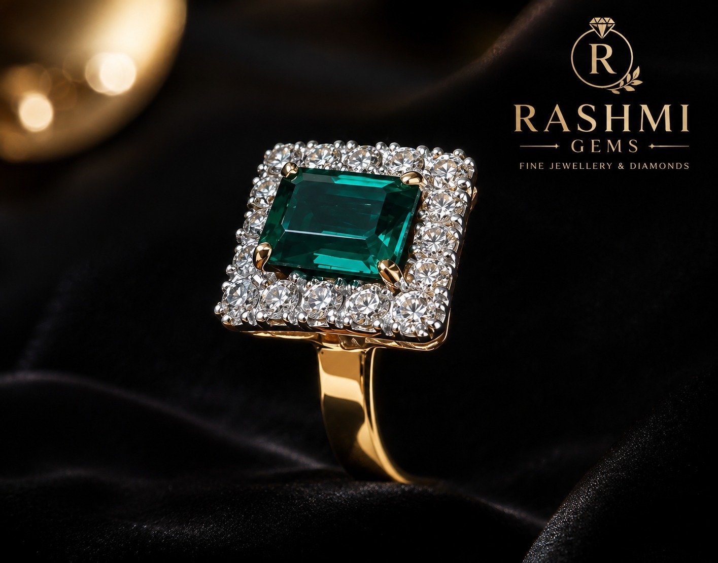 Emerald-cut green gemstone in a diamond halo ring by Rashmi Gems